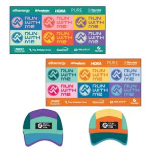Two colorful banners showing the 'Run with me' grid and sponsor logos, alongside two Run With Me caps (teal/blue and orange/teal).