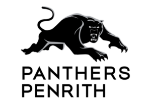Panther mascot leaping above bold, black text reading 'PANTHERS PENRITH'